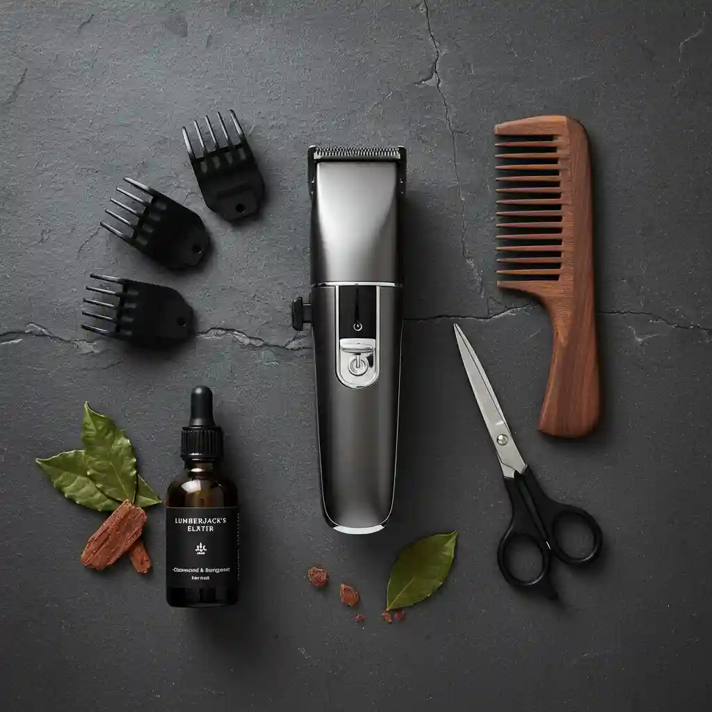 A collection of essential grooming tools including trimmers and scissors, which are critical for maintaining the best beard for round face and ensuring your style remains sharp and well-defined every day.