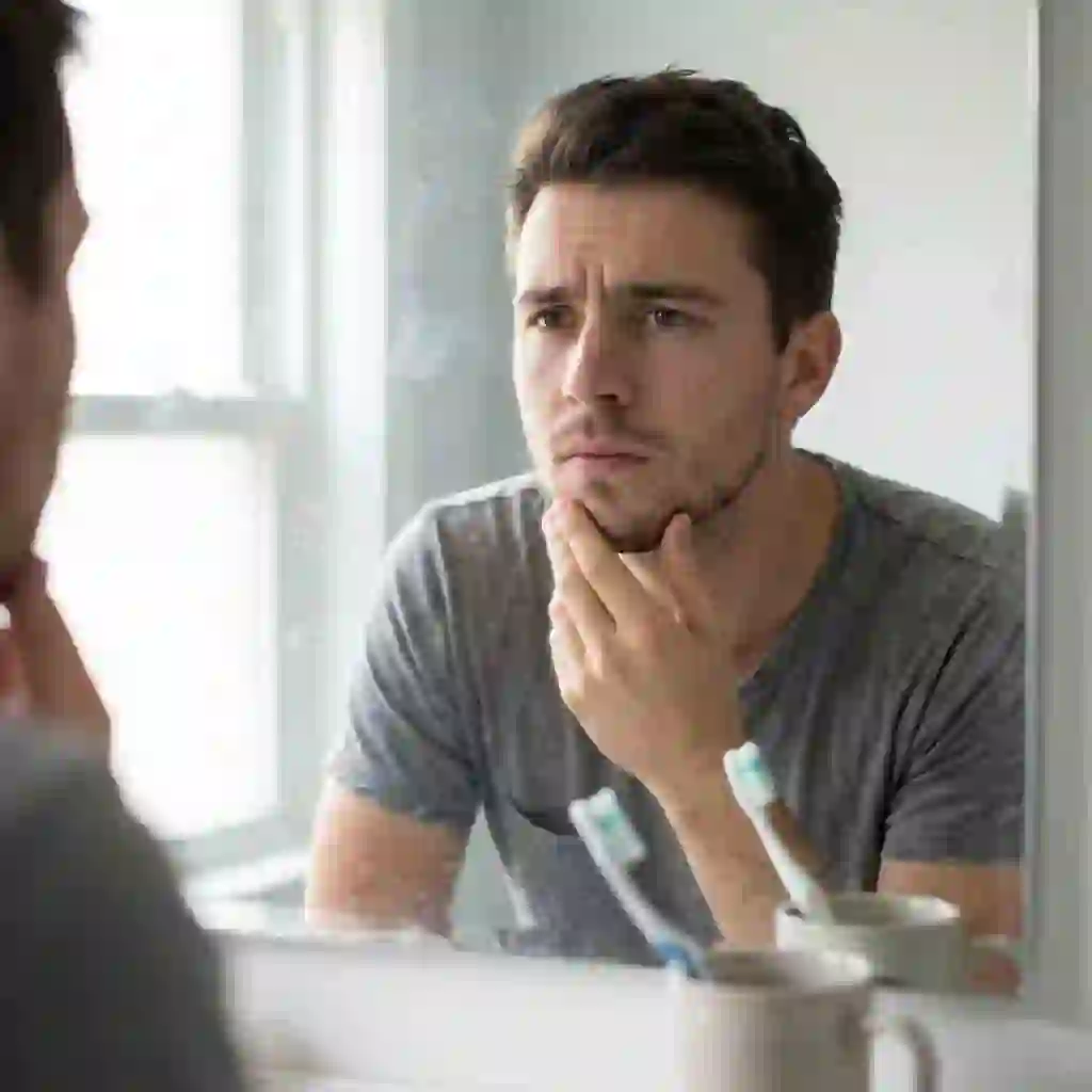 A confused man looking in the mirror trying to decide on the best beard for your face shape to enhance his features and boost confidence.