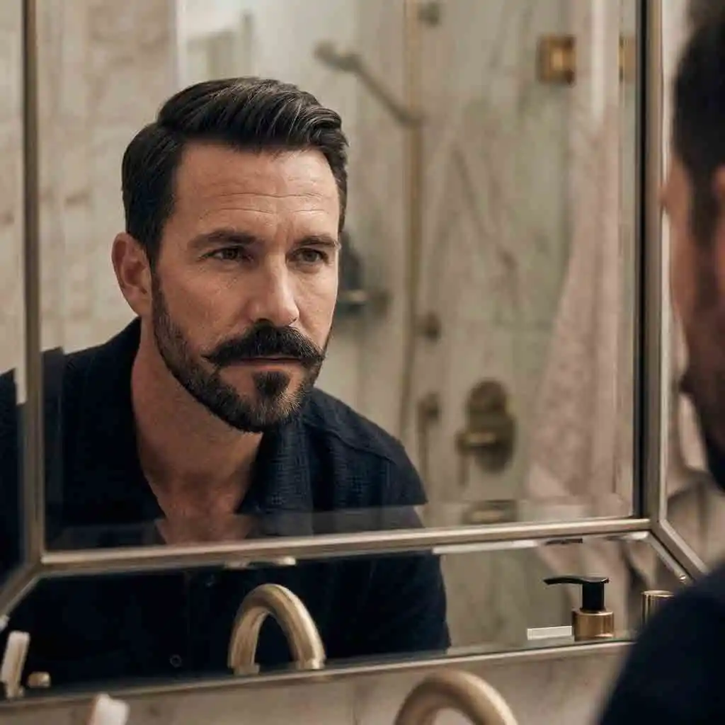 Editorial close-up demonstrating a disconnected mustache with clean separation from goatee, showcasing floating mustache aesthetics, sharp jawline emphasis, and modern masculine grooming lines in 2026 style.