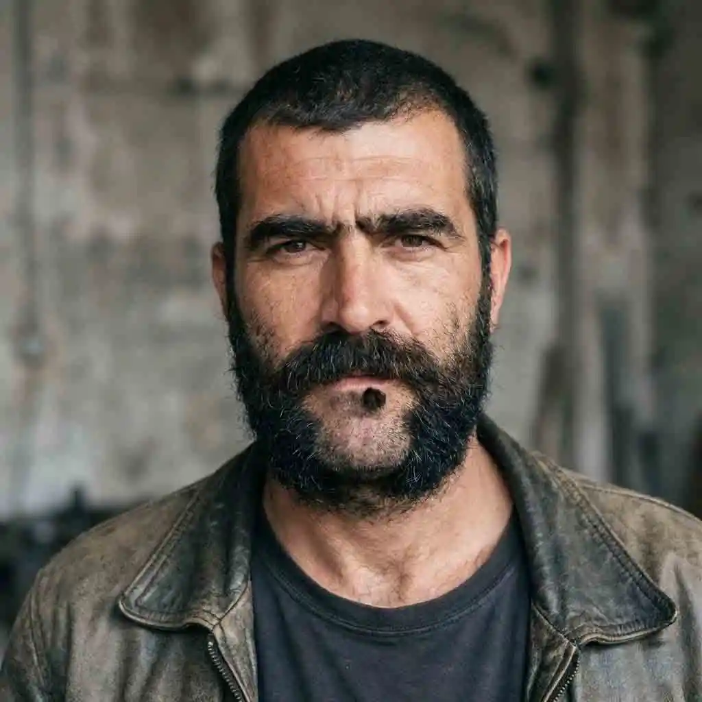 Colin Farrell’s rugged disconnected mustache paired with dense, natural goatee growth, prioritizing broken connection points, asymmetry, and wild texture that communicate mature masculinity and weathered charisma.