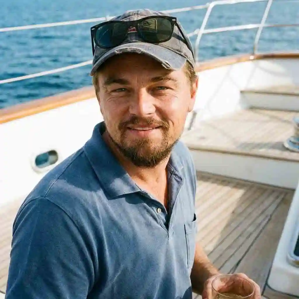 Leonardo DiCaprio’s relaxed disconnected mustache within a casual Van Dyke, softly structured edges and light texture conveying ease, approachability, and vacation-ready grooming with preserved separation and balance.