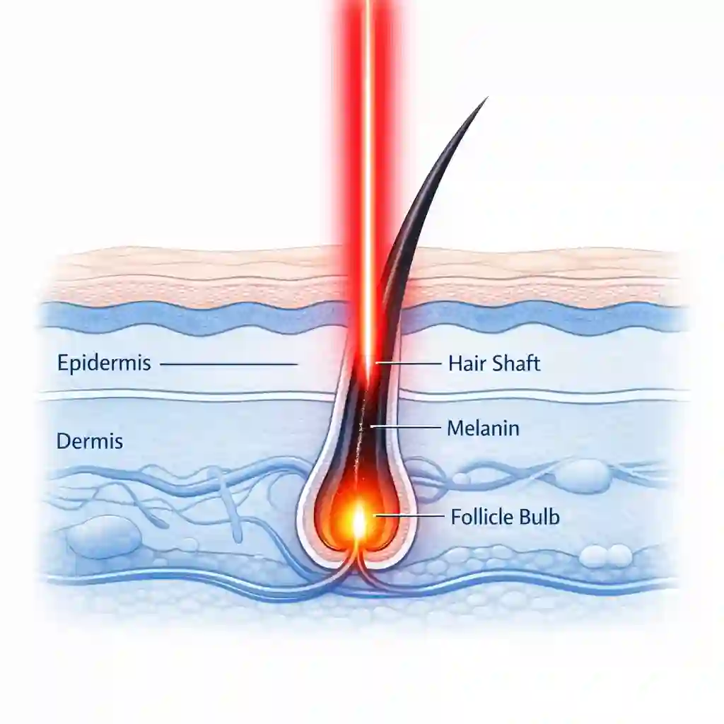 Diagram illustrating how laser technology targets melanin in dark beard hair follicles, contrasting with the direct follicle destruction used in the electrolysis vs laser hair removal debate.