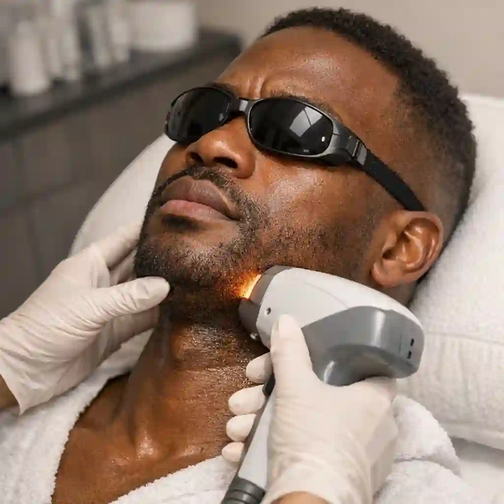 A man with a darker Fitzpatrick skin tone safely receiving a specialized Nd:YAG laser treatment, a key consideration when deciding between electrolysis vs laser hair removal options.