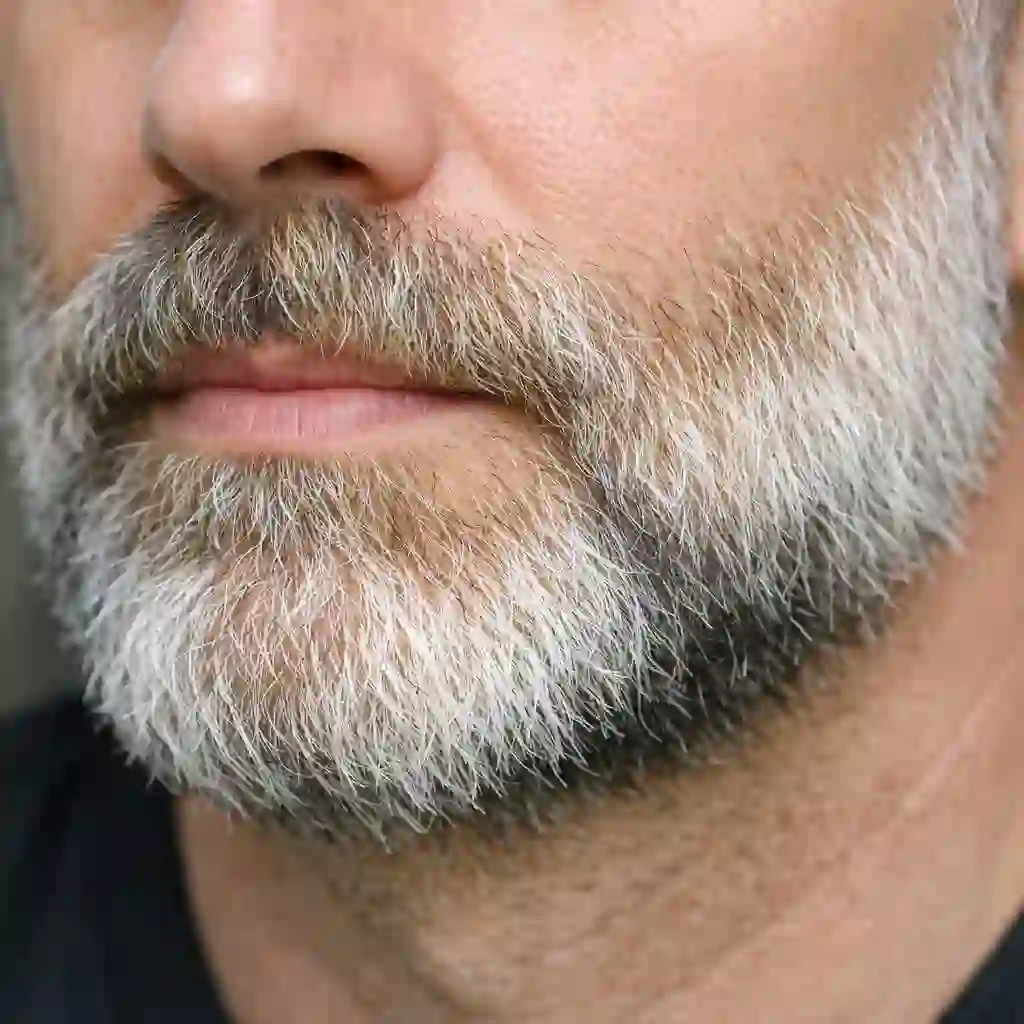 A close-up of a man's graying and blonde beard hairs, making him an ideal candidate for pure electrolysis vs laser hair removal due to the lack of melanin.
