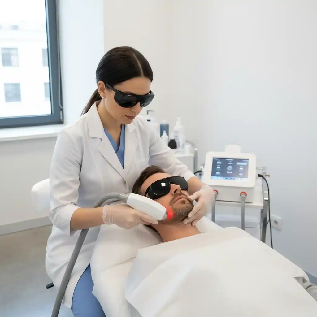 Professional laser hair removal treatment session in progress, illustrating a permanent and effective clinical solution for men seeking the ultimate answer on how to get rid of 5 o clock shadow.