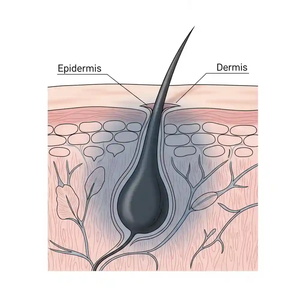Detailed skin cross-section diagram showing hair follicles beneath the surface, explaining the science behind why it is difficult to learn how to get rid of 5 o clock shadow completely.