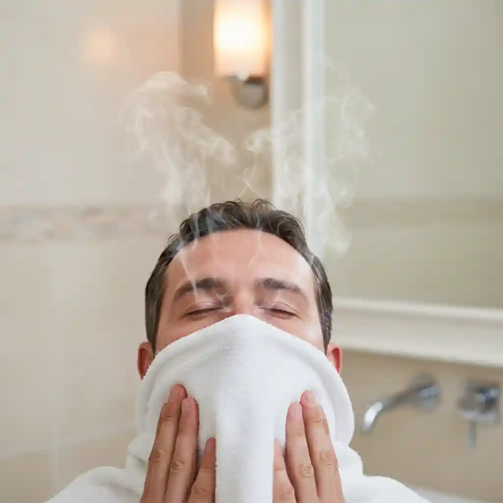 A man splashing hot water on his face to soften beard whiskers, demonstrating the essential first step of pre-shave preparation for how to get rid of 5 o clock shadow.