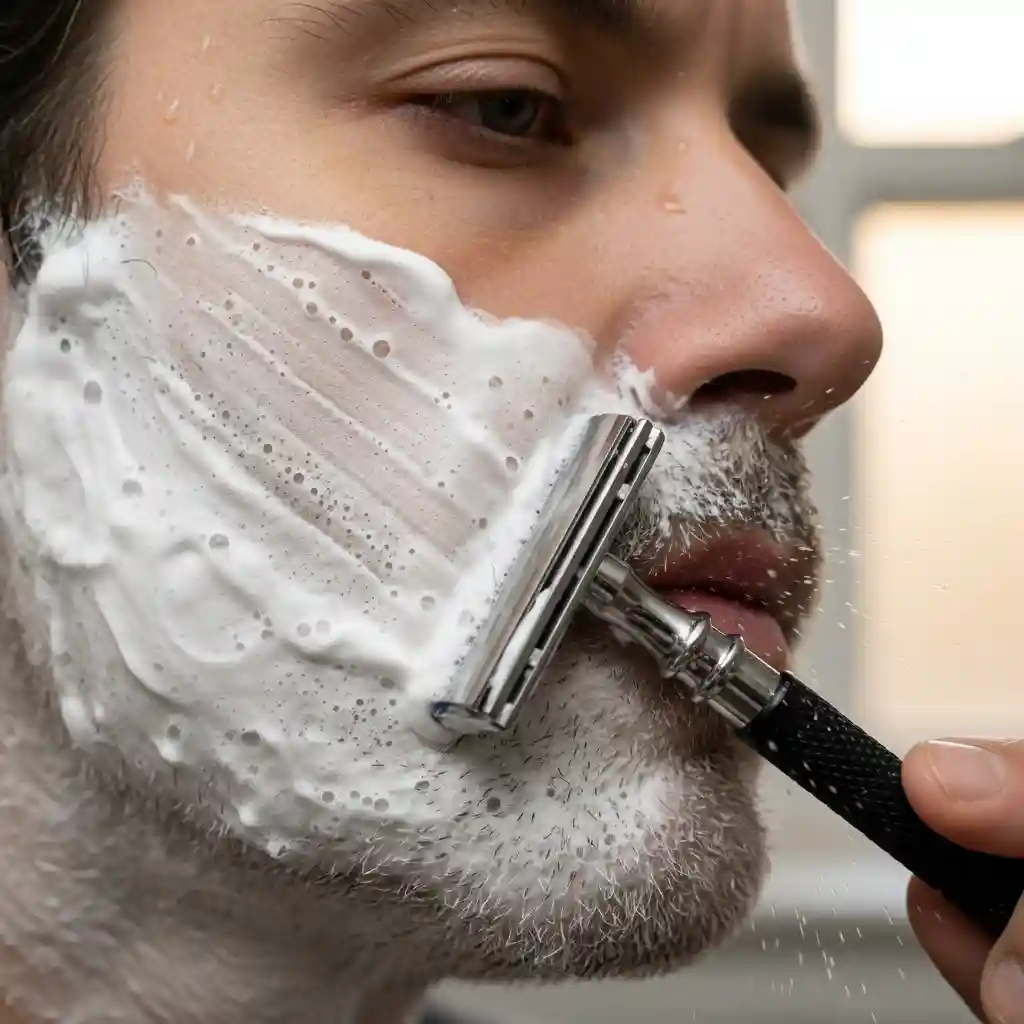 Close-up demonstration of a man shaving with the grain to remove bulk hair, showing the crucial first pass technique in the process of how to get rid of 5 o clock shadow.