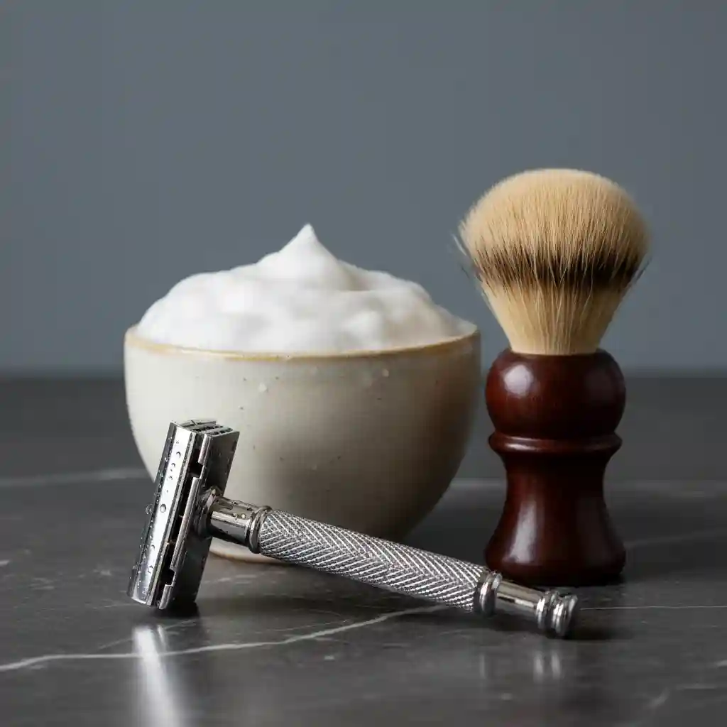 A classic double-edged safety razor displayed on a bathroom counter, highlighting it as the most effective tool for those seeking the best method for how to get rid of 5 o clock shadow.