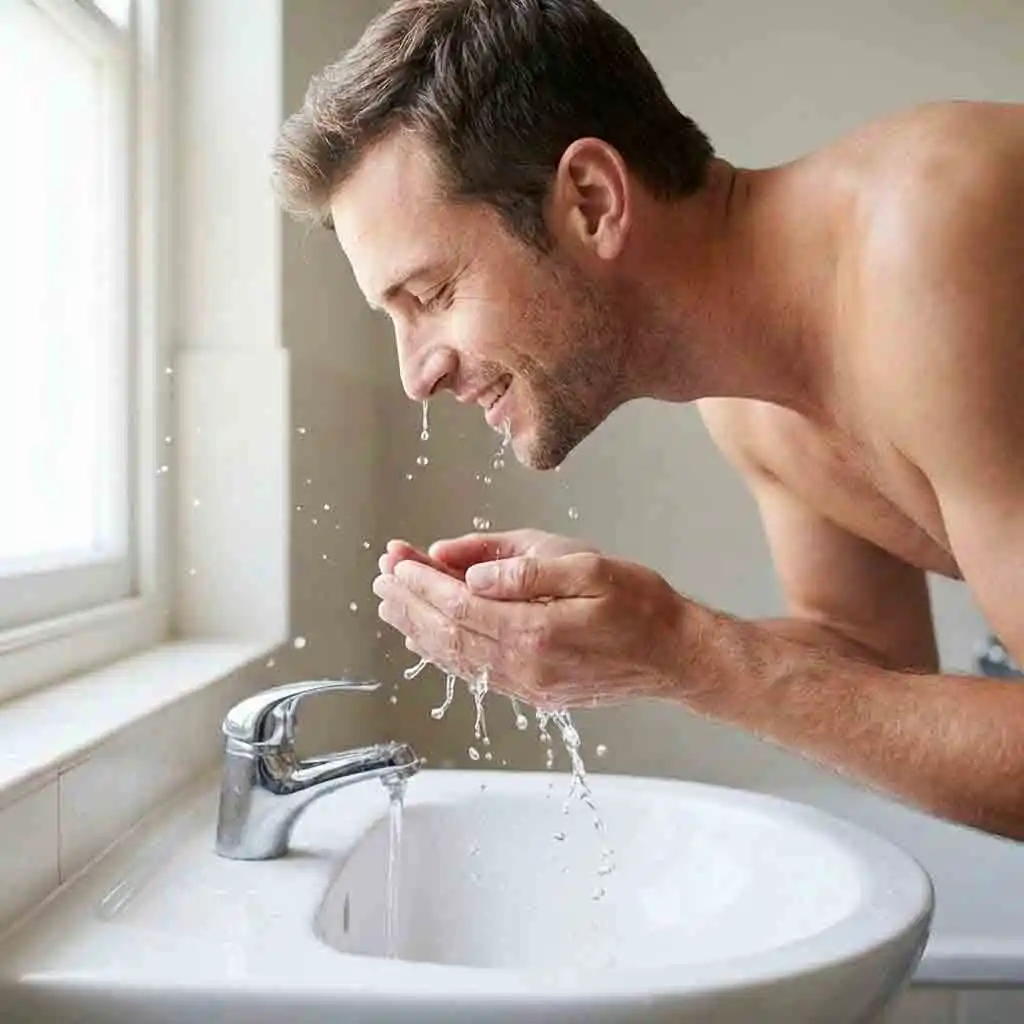 A man splashing refreshing cold water on his face immediately after trimming, a critical post-shave step that closes pores and finishes the process of how to get the cleanest shave with a soothing effect.