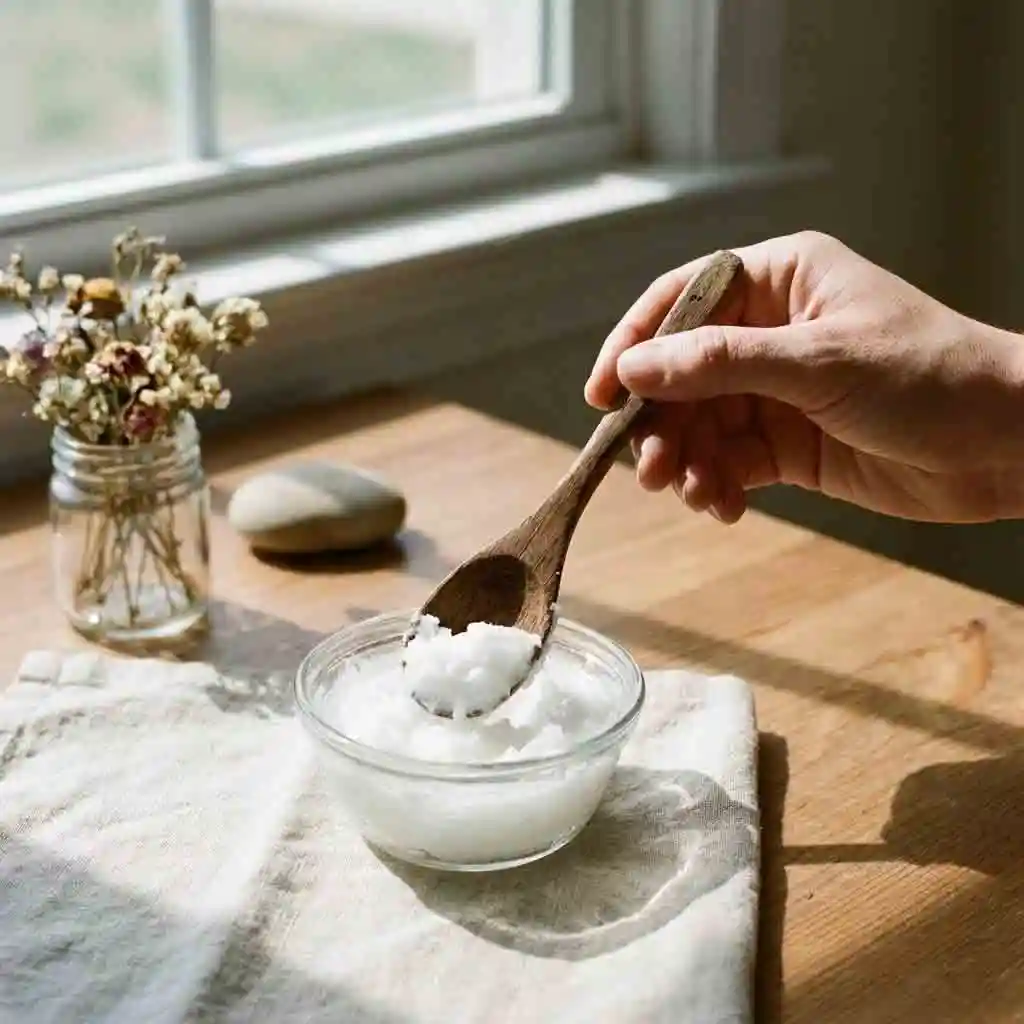 A jar of virgin coconut oil being used as a natural antibacterial moisturizer, an excellent organic alternative for soothing razor burn when learning how to get the cleanest shave naturally and effectively.