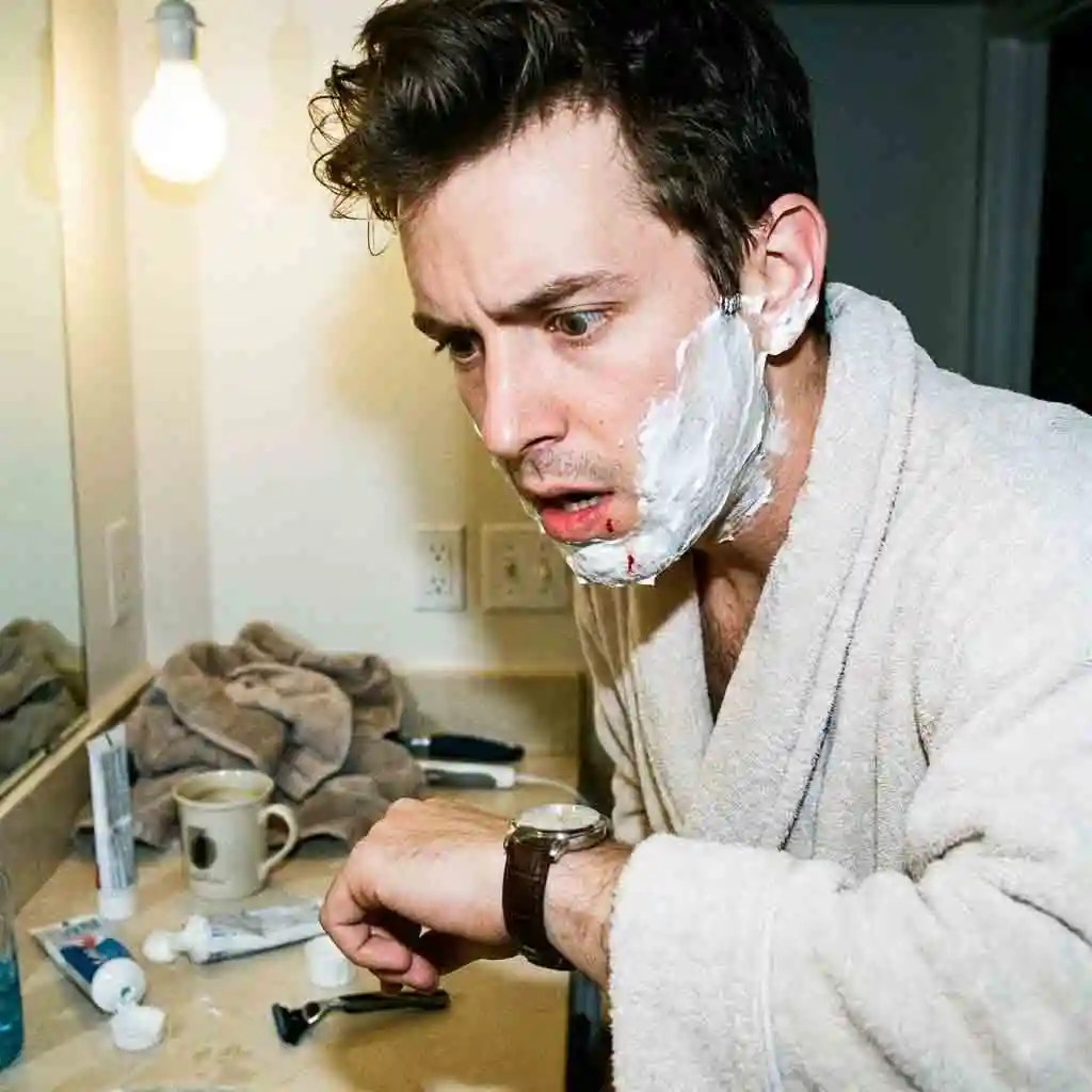 A stressed man hurriedly shaving in front of a mirror, depicting the common mistake of rushing which prevents you from understanding how to get the cleanest shave without causing painful skin irritation.