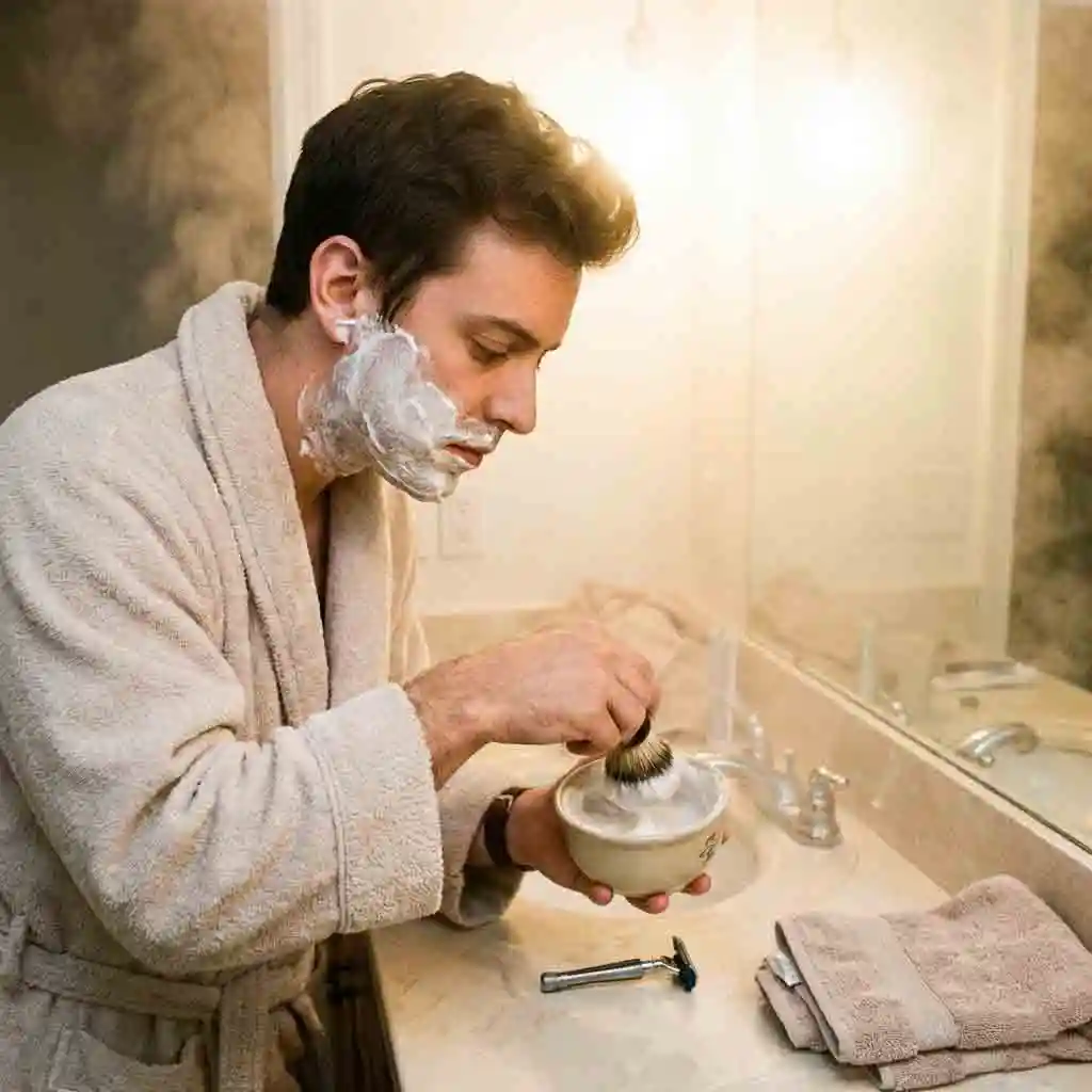 A serene bathroom setting with grooming tools arranged neatly, encouraging men to turn their daily routine into a relaxing ritual to better achieve how to get the cleanest shave with patience and care.