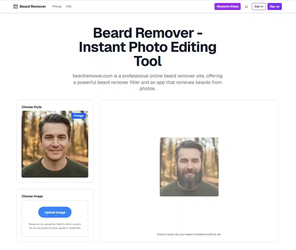 An interface showing a before looking bearded and after clean-shaven photo using AI technology, perfect for visualizing the result before you commit to learning how to get the cleanest shave in real life.