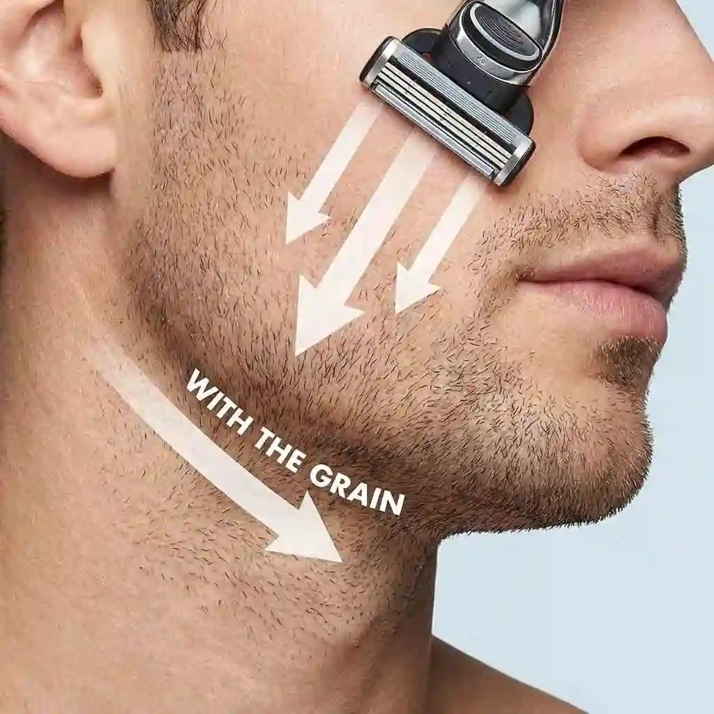 An illustrative diagram showing the specific direction of beard hair growth, helping beginners understand the golden rule of with-the-grain strokes for how to get the cleanest shave while minimizing skin damage.
