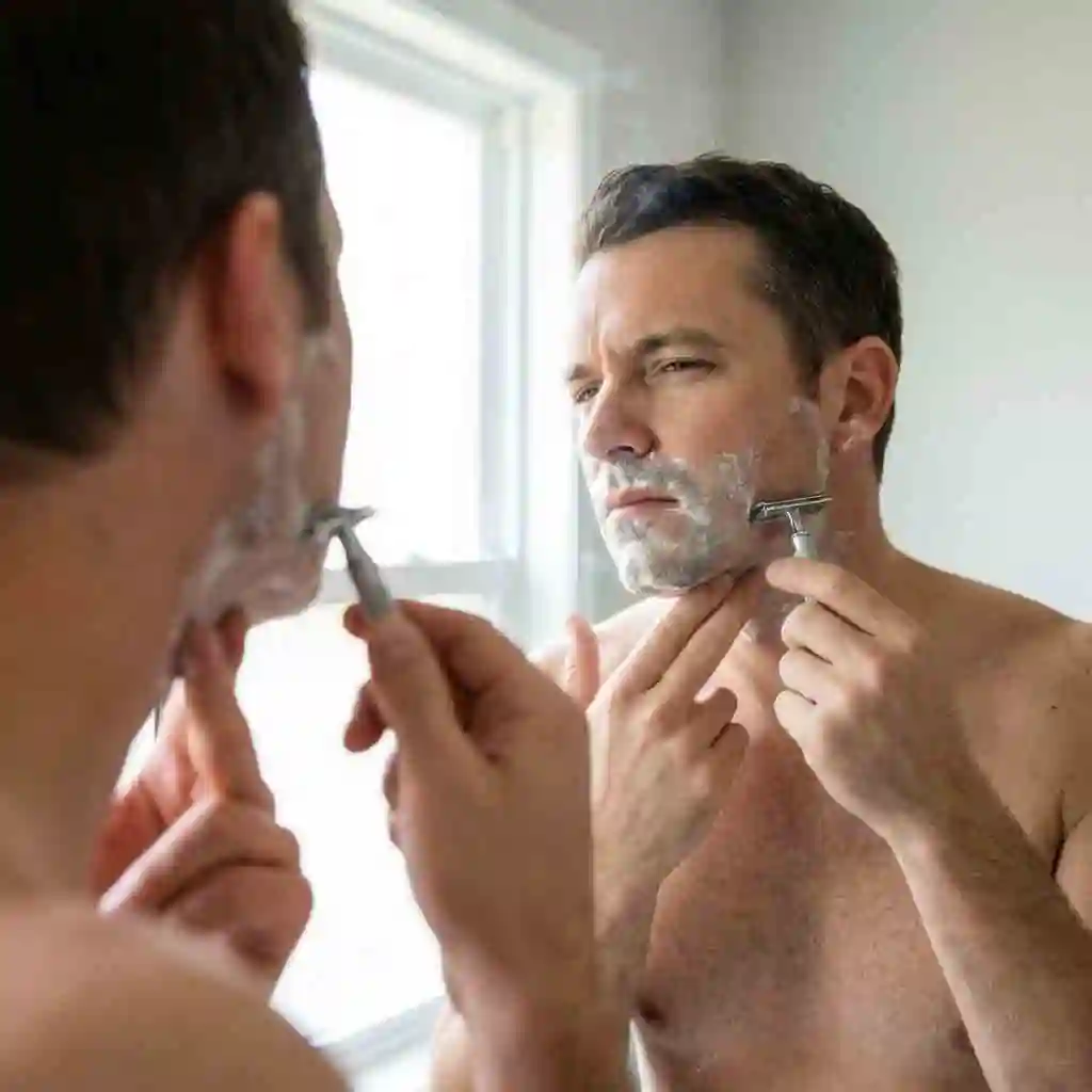 A person stretching the skin on the neck taut to create a flat surface for the razor, a key technique for mastering how to get the cleanest shave on difficult areas like the jawline.