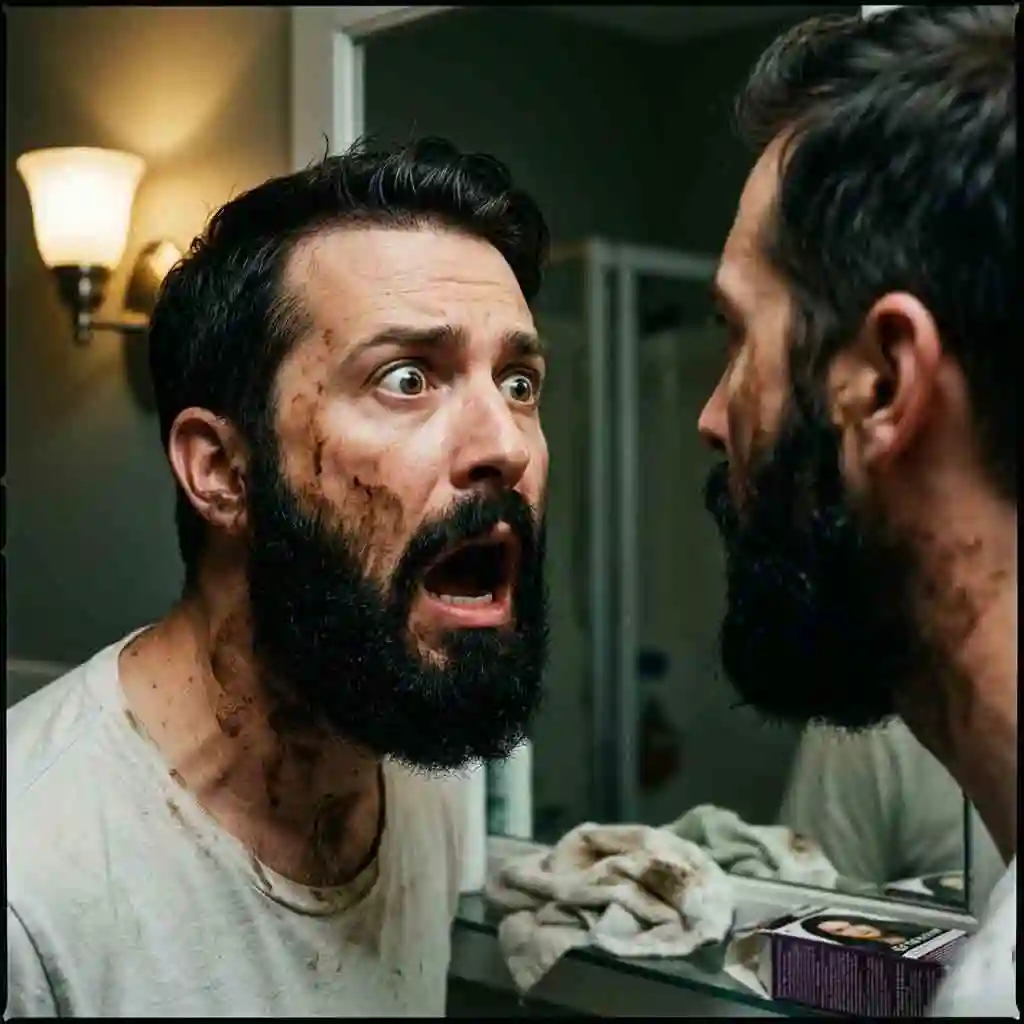 A close-up of a worried man examining his face in the mirror, searching for a quick solution on how to remove beard dye after color mishap.