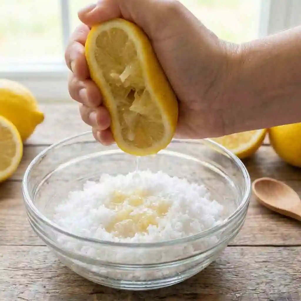 A bowl containing a mixture of fresh lemon juice and table salt, a natural exfoliant recipe for anyone asking how to remove beard dye naturally.