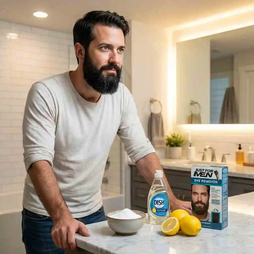 A confident and happy man showing off his clean face, demonstrating the successful results of learning how to remove beard dye safely and effectively at home.