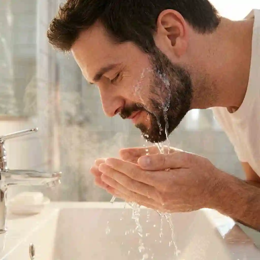 A man splashing warm water on his face to rinse off the cleaning paste, effectively showing how to remove beard dye residue from the skin.