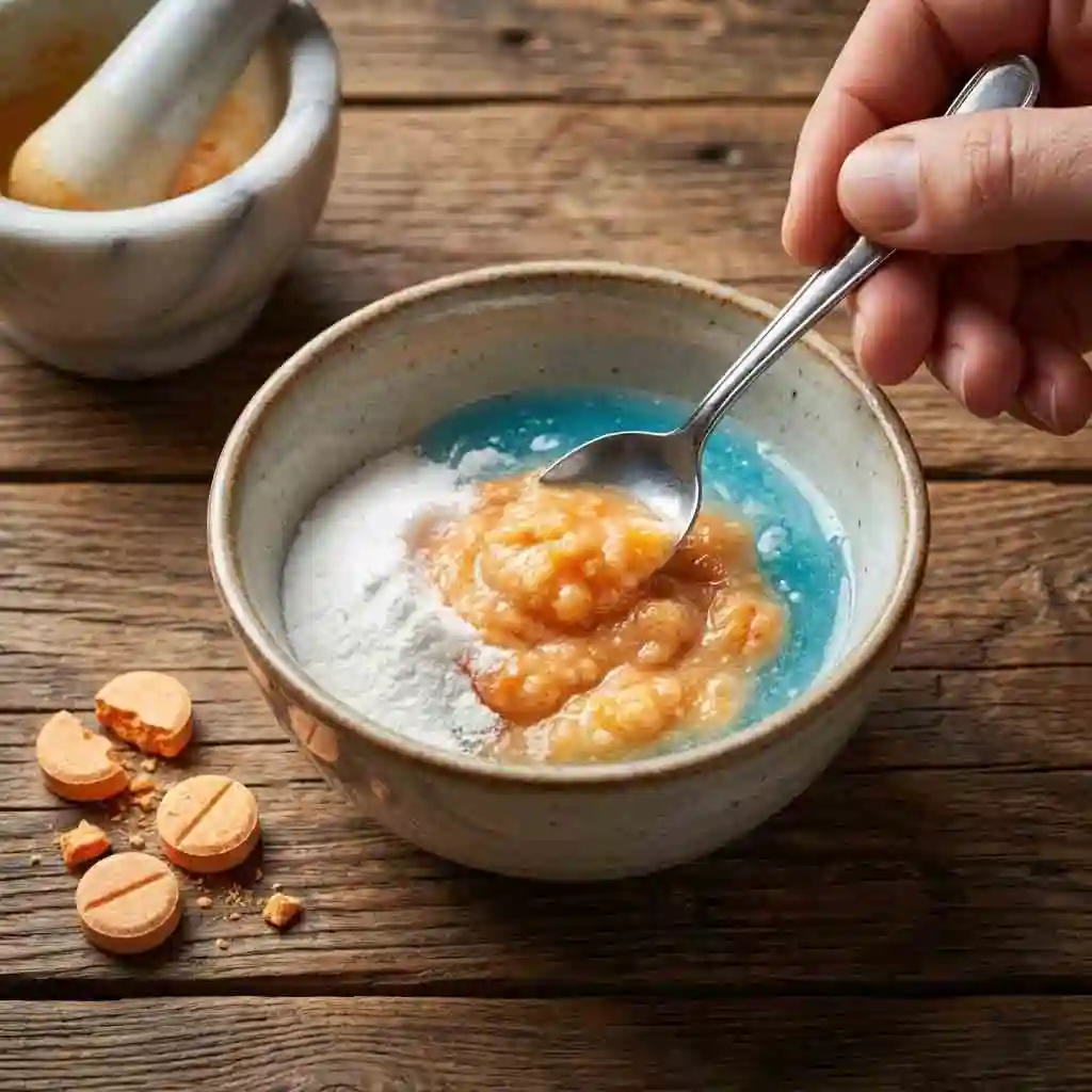 A display of crushed Vitamin C tablets mixed with anti-dandruff shampoo, preparing a powerful mixture for how to remove beard dye that is too dark.