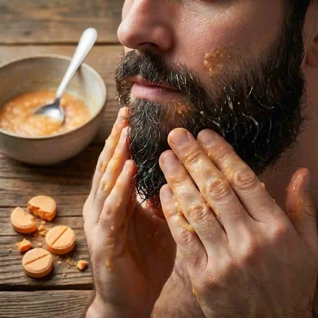 A man with a Vitamin C paste applied to his beard, wrapped in plastic, demonstrating the process of how to remove beard dye using oxidation.