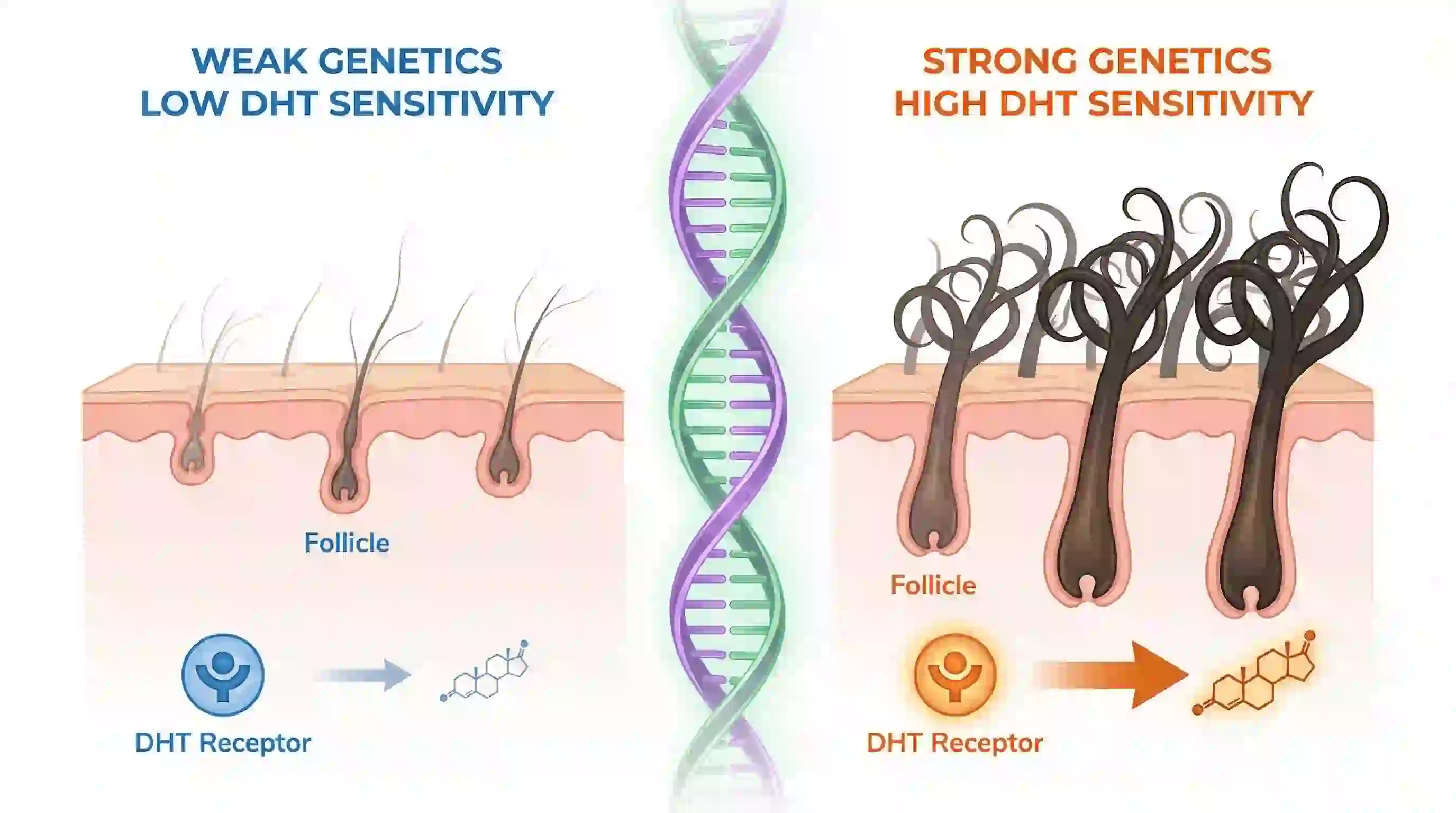 A diagram explaining the genetic factors that influence facial hair growth and how to remove patchy beard understanding the role of DHT and follicle sensitivity.