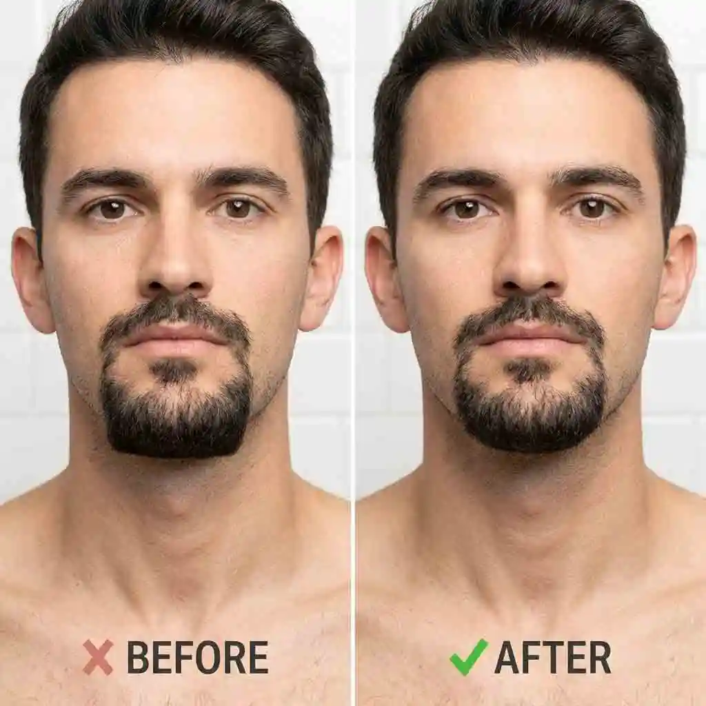 A visual guide showing how to create a smooth, natural curve along the jawline instead of a harsh straight line, which is essential for achieving a natural look when you learn how to shave into a goatee.