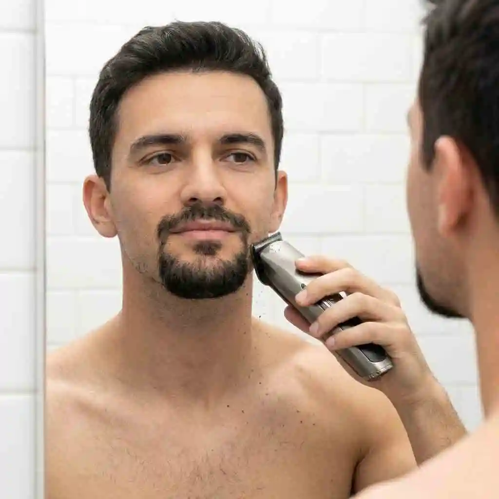 A man performing daily maintenance on his goatee by trimming stray hairs, showing the consistent care needed to keep the style sharp after you have successfully learned how to shave into a goatee.