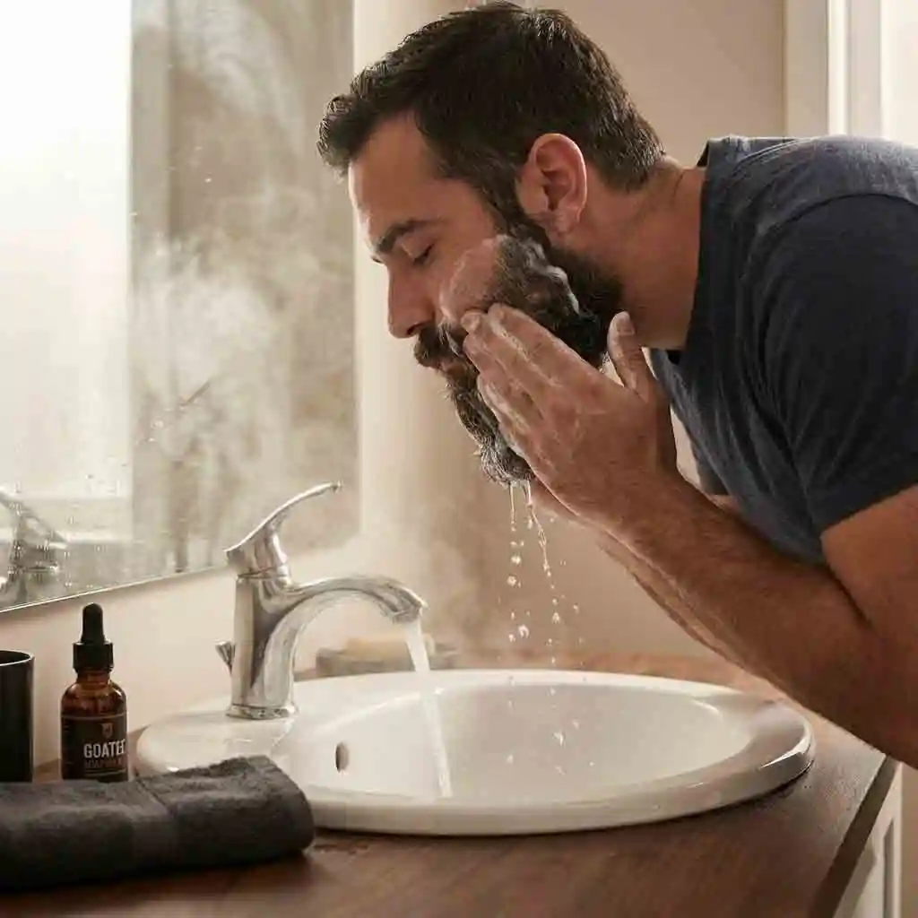 A man washing his face with warm water to soften his beard hair, a crucial preparatory step before starting the process of how to shave into a goatee to ensure a smooth and comfortable trim.