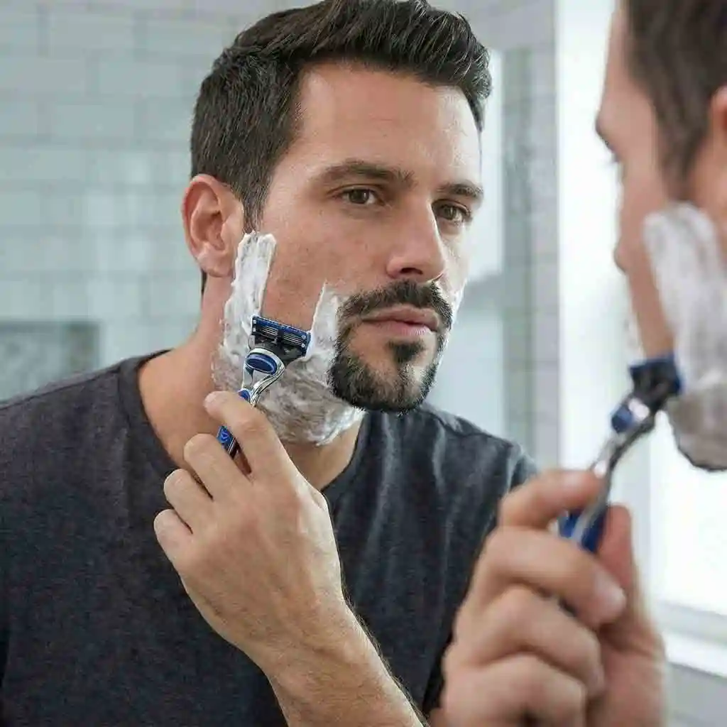A man shaving his cheeks and neck clean with a razor, removing excess hair to define the goatee shape, which is a key step in mastering how to shave into a goatee for a polished finish.