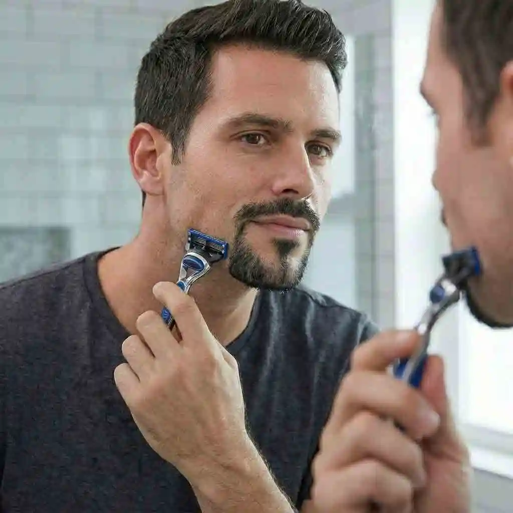 A man closely inspecting his reflection in the mirror to check for symmetry and balance, ensuring that his attempt at how to shave into a goatee results in an even and professional appearance.