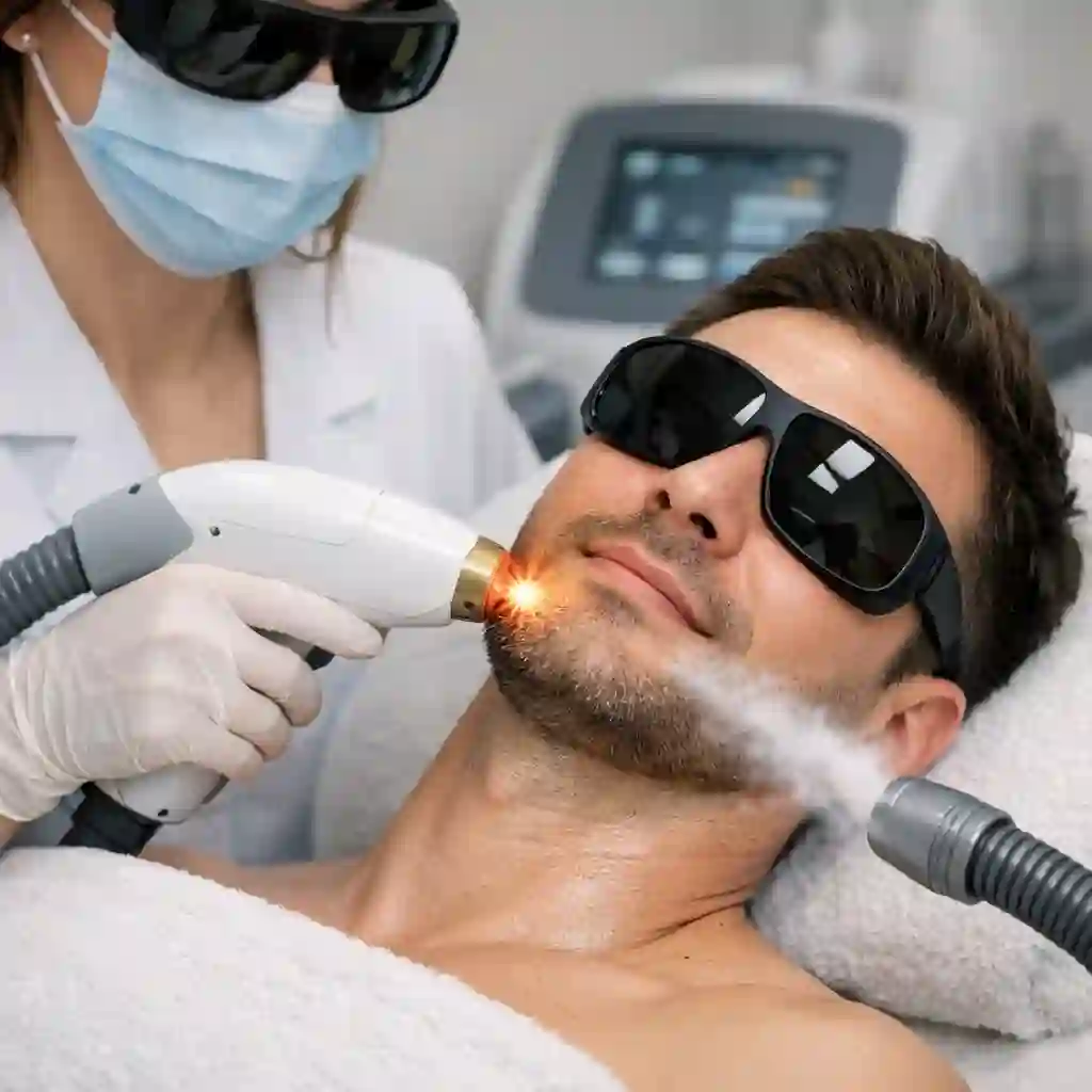 Patient undergoing a laser for beard removal session at a professional clinic, experiencing the mild rubber band snap sensation while a cooling device protects the surrounding skin