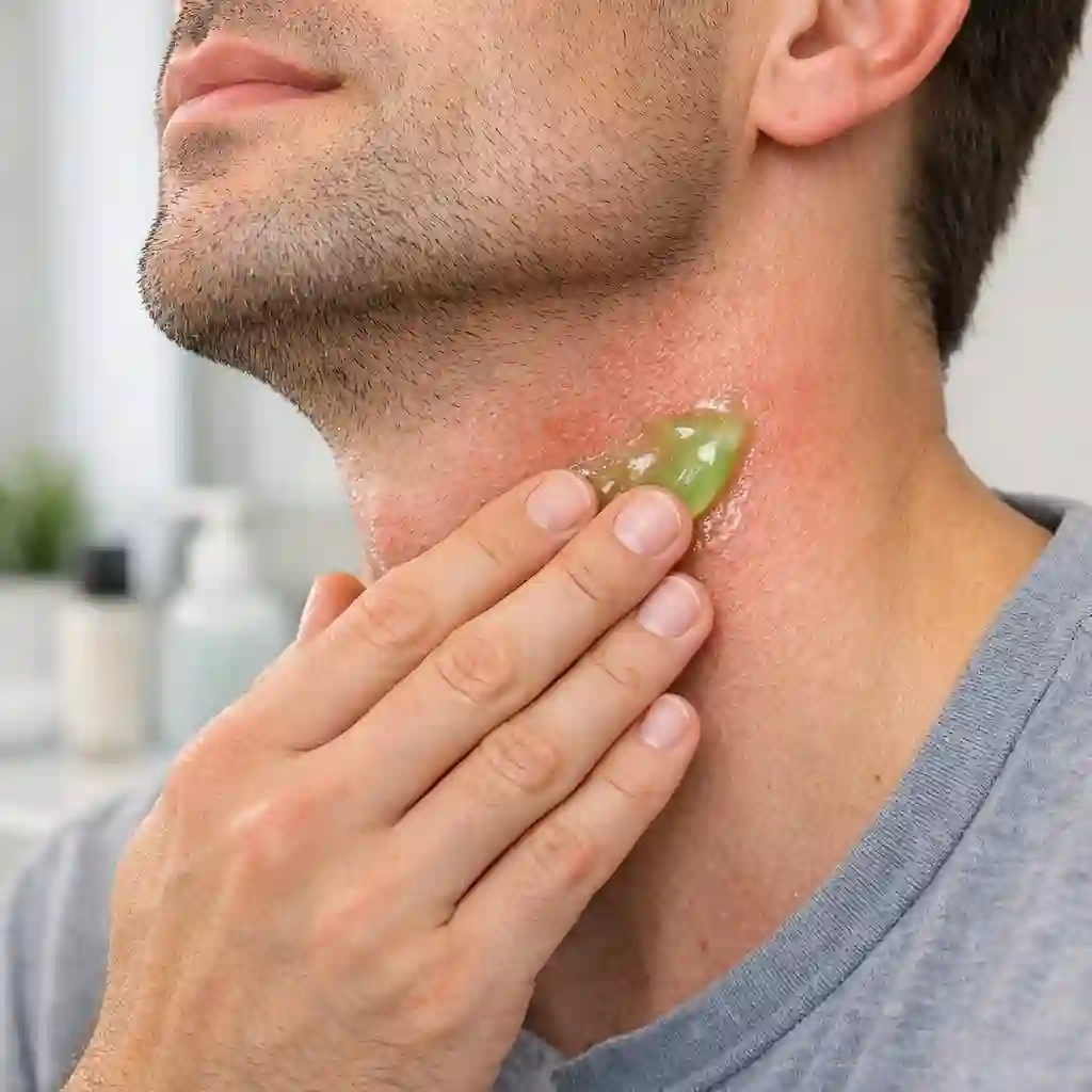 Man applying gentle aftercare moisturizer on his neck after laser for beard removal treatment, following post-session care guidelines to minimize irritation and promote smooth skin recovery