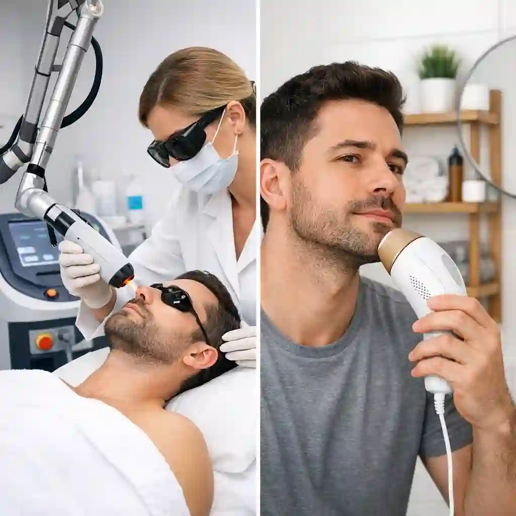 Side-by-side comparison of a professional clinic laser for beard removal device versus a handheld at-home IPL unit, highlighting differences in power, safety, and treatment effectiveness