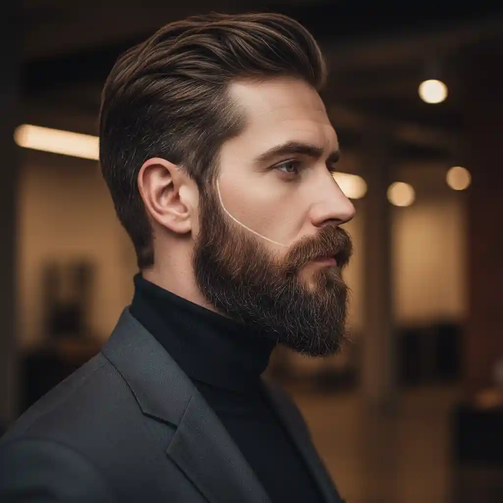 A close-up of a man with a perfectly sculpted beard line, demonstrating how permanent facial hair removal for men can be used for precise beard shaping.