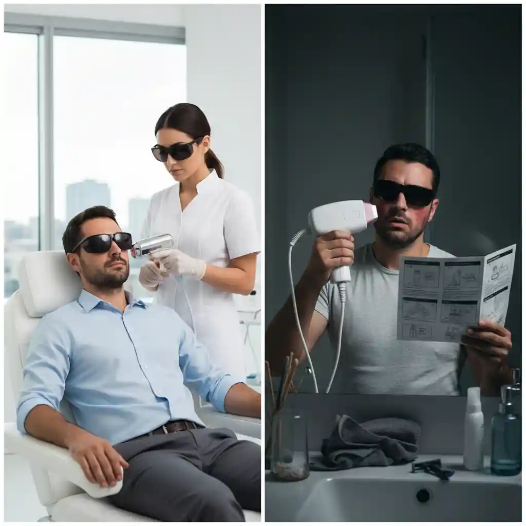 Side-by-side comparison of a high-power professional laser device versus a low-energy at-home IPL device, emphasizing the superior effectiveness of professional permanent facial hair removal for men.