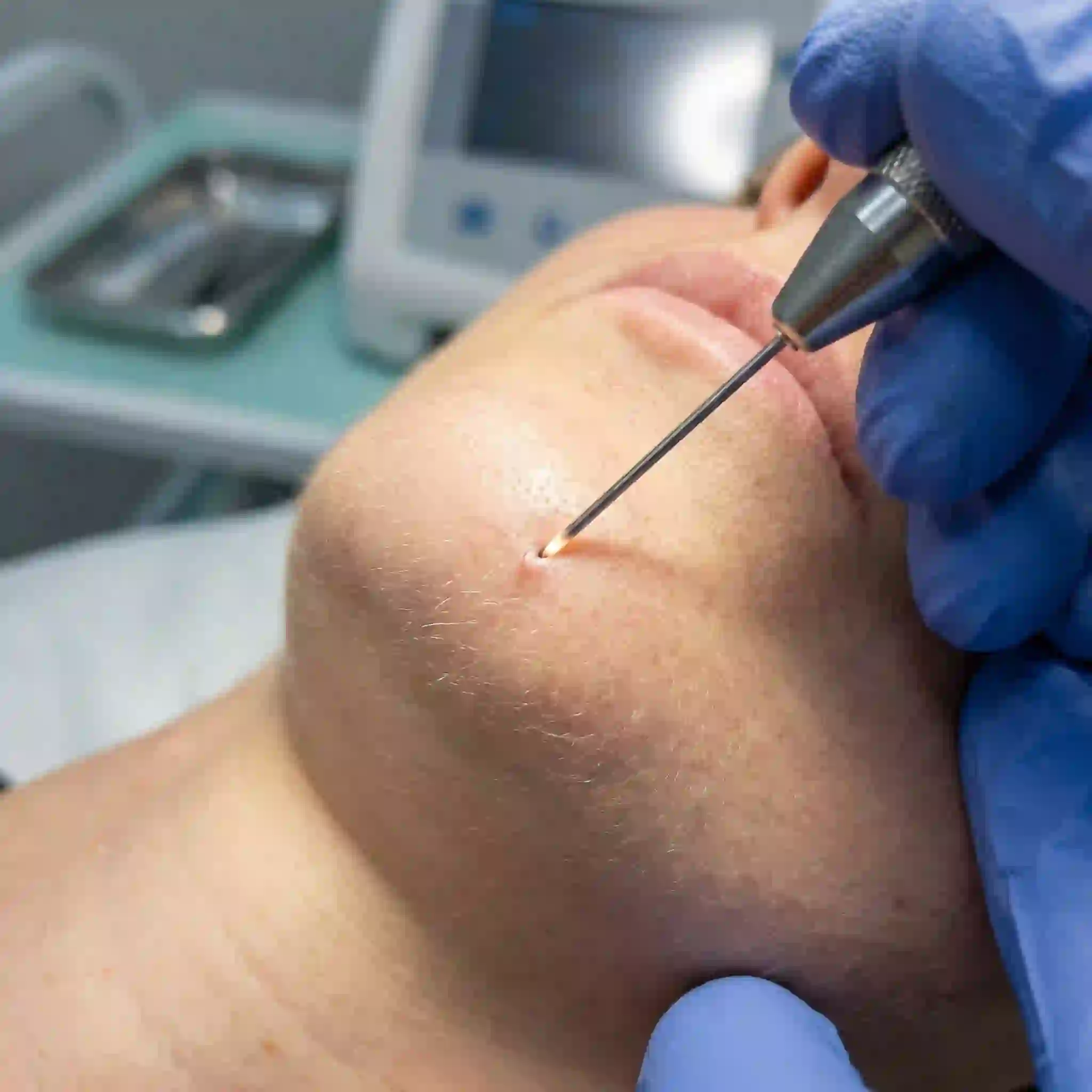 An illustration of the precise and targeted beard electrolysis procedure where a trained electrologist effectively treats individual hair follicles using a small electrical current to ensure permanent facial hair removal.