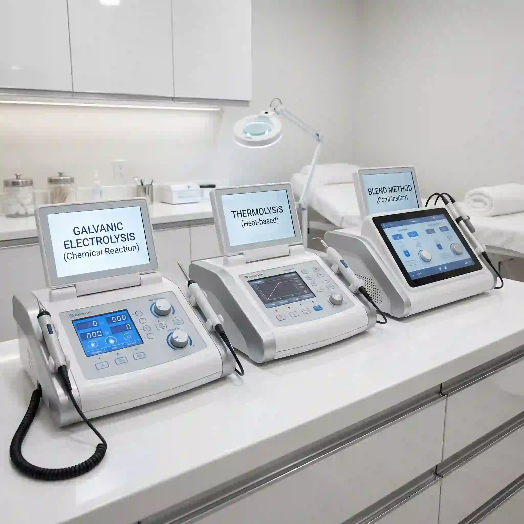 A detailed comparison showcasing the three primary beard electrolysis methods, including galvanic, thermolysis, and blend techniques, which help individuals choose the best permanent hair removal approach for their skin.