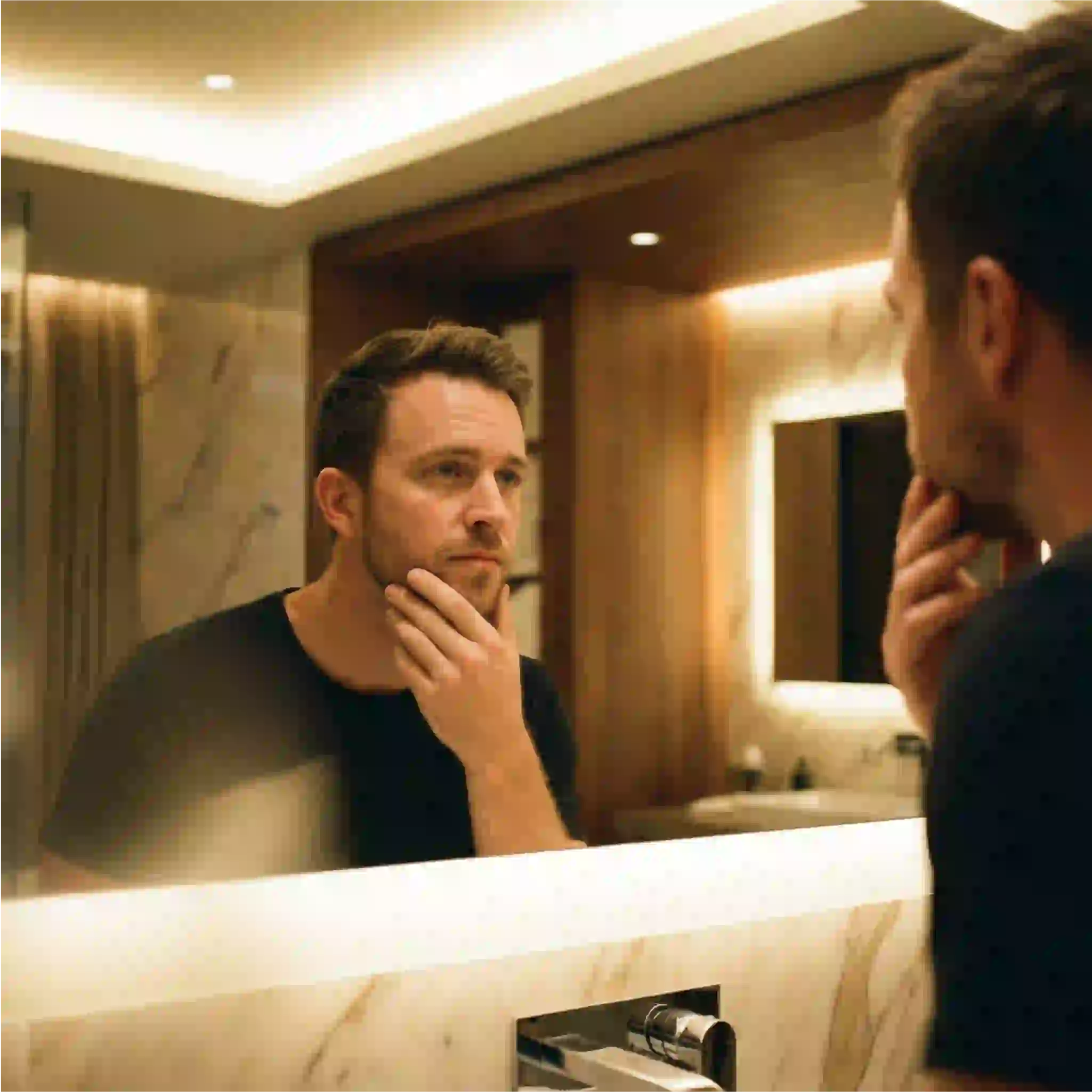 Discover realistic beard styles by face shape with our AI preview showing an oval face man testing a balanced medium stubble before shaving.