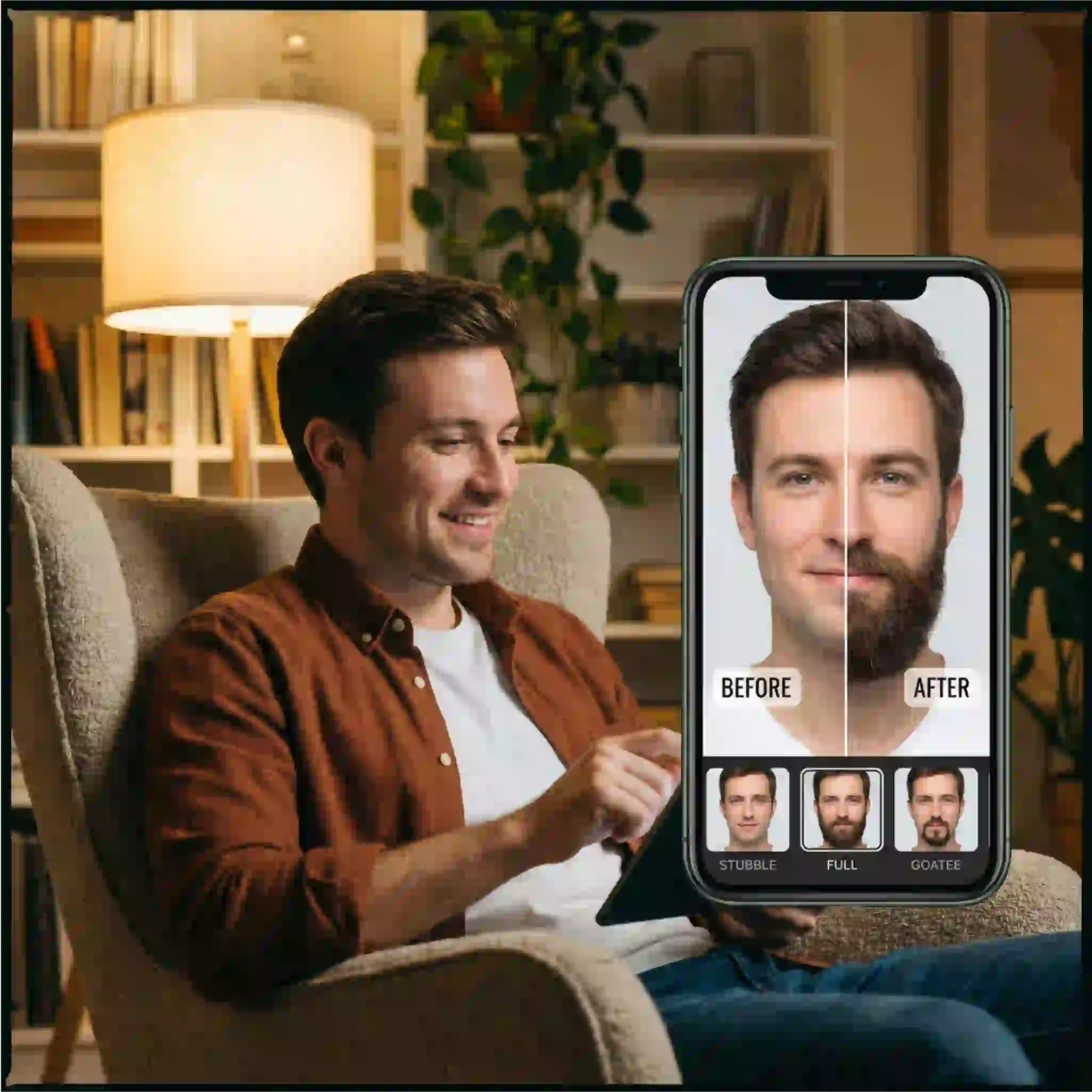 Previewing angular beard styles by face shape: this image demonstrates how a square face model softens his jawline using a full, rounded beard.