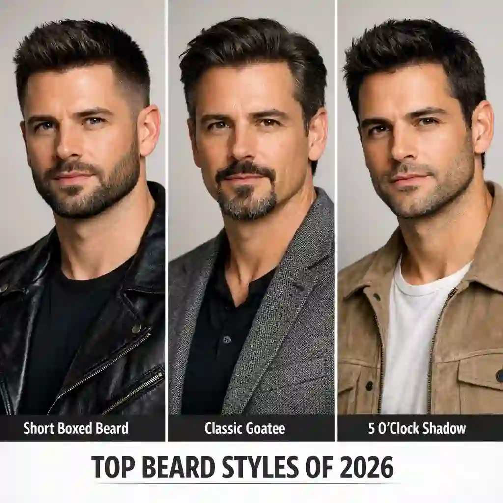 A visual collage showing three distinct beard styles including a Short Boxed Beard, a classic Goatee, and a rugged 5 O'Clock Shadow to inspire your grooming journey.