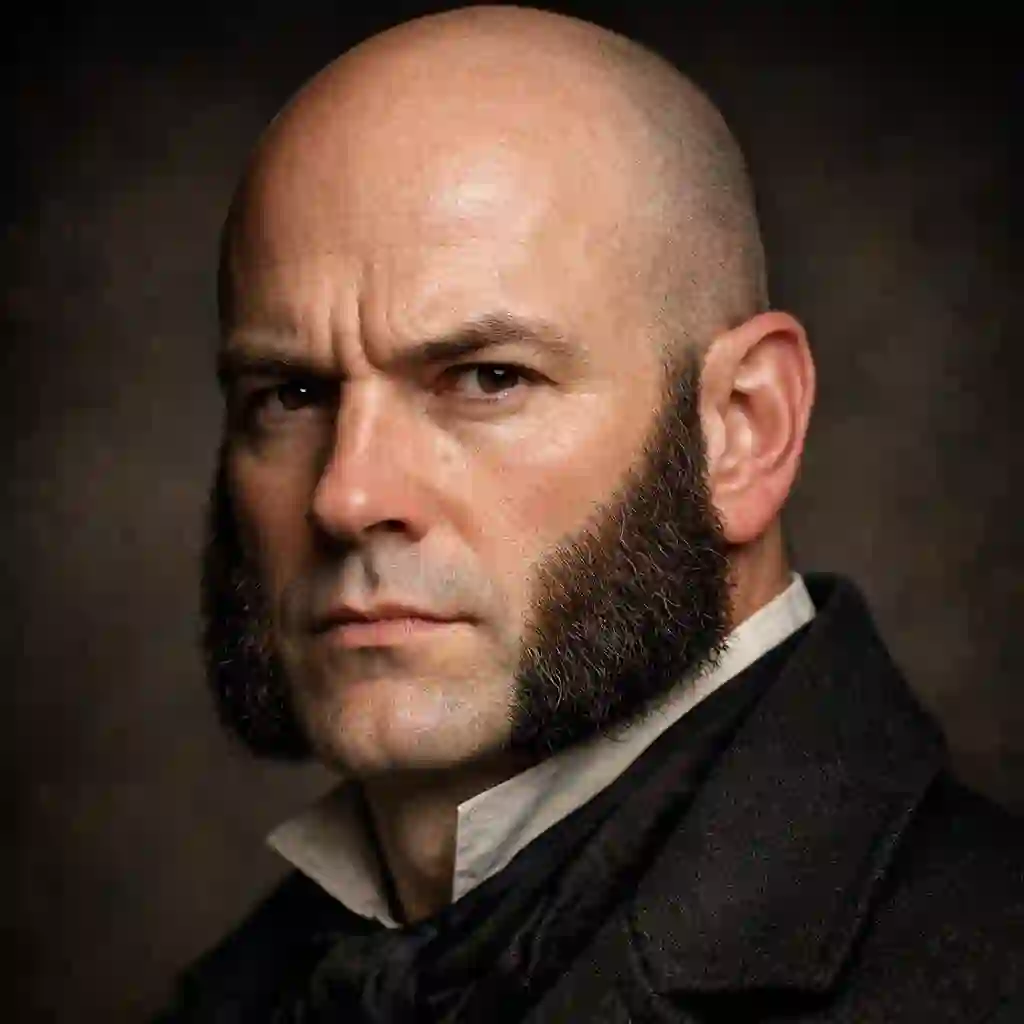 A vintage Mutton Chops look featuring prominent sideburns extending to the mouth corners while keeping a clean chin, making an audacious statement among classic historical beard styles.