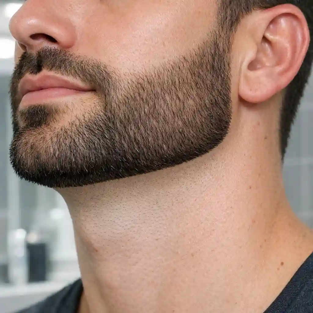 Educational jawline images illustrating the correct neckline shape for well-maintained beard styles, clearly showing a curved line from the earlobe under the jaw to prevent unflattering trims.