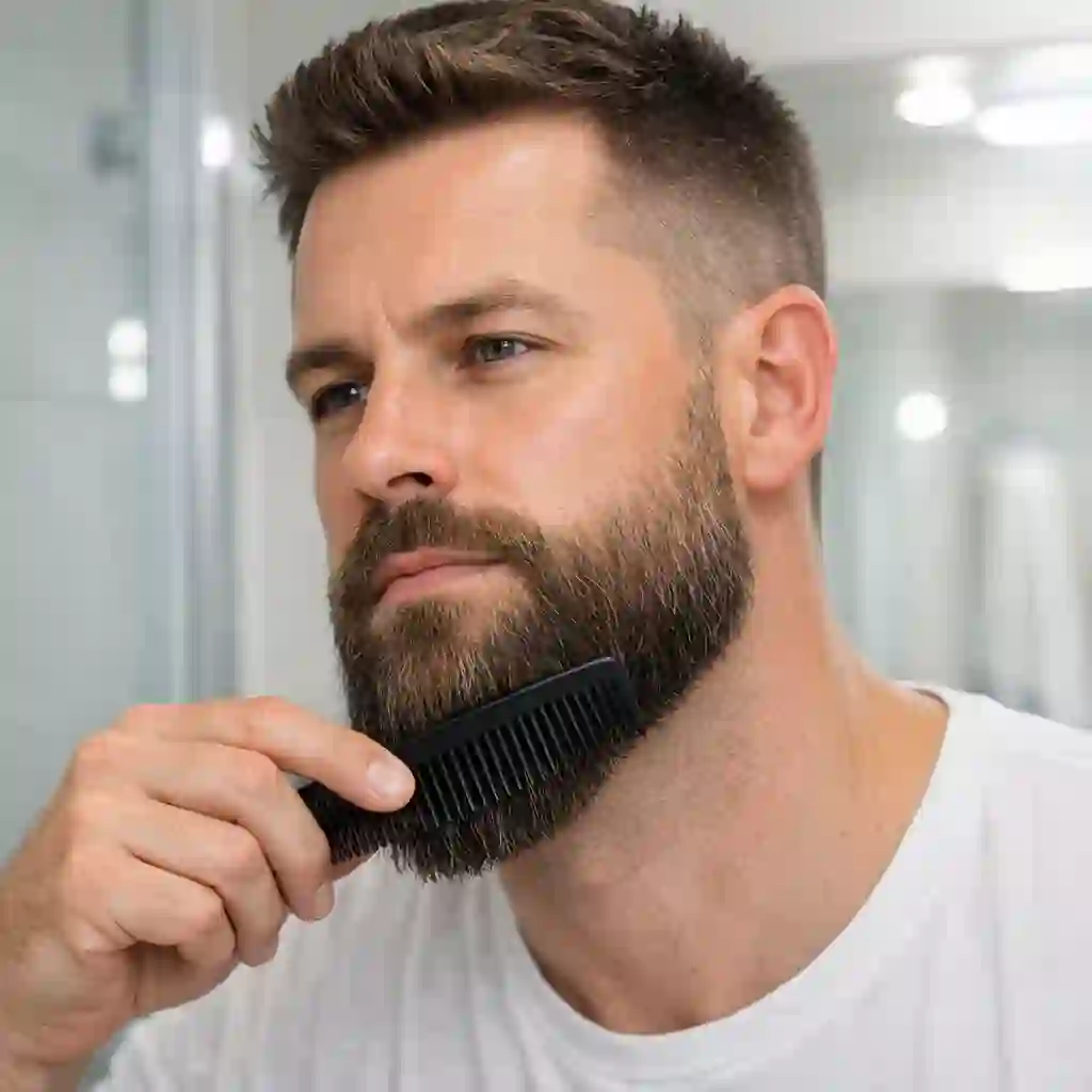 A focused man carefully combing his dry facial hair downwards before a trimming session, highlighting the first critical preparation step needed for perfectly shaping his chosen beard styles.