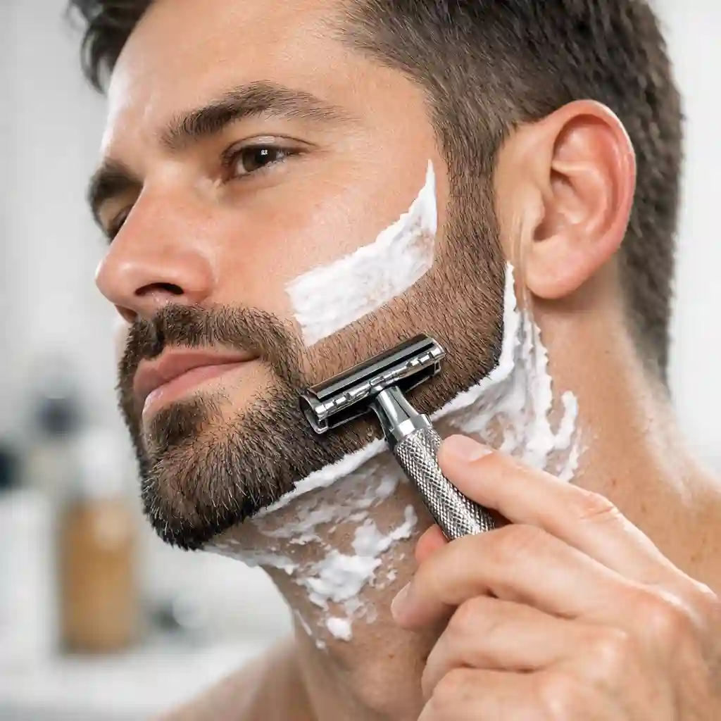 Meticulously refining and outlining facial hair edges with a sharp razor for a crisp finishing touch, showing the essential detailing process required to master various professional beard styles.