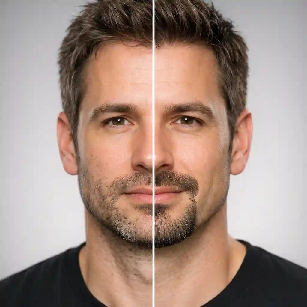 An attractive man successfully styling a patchy growth pattern using a classic Goatee approach that works with his natural hair, proving that strategic beard styles flatter any face.