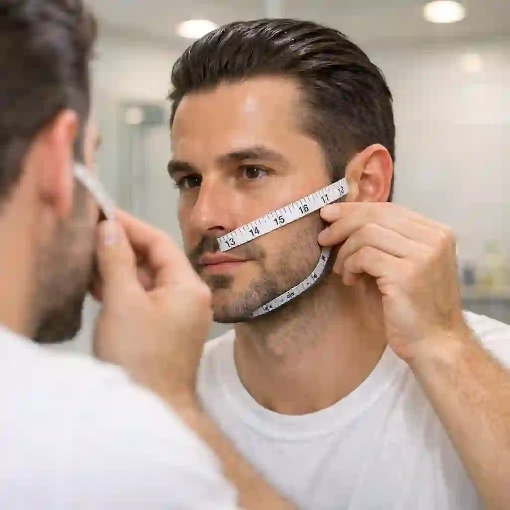 Close-up jawline images showcasing the process of measuring your forehead, cheekbones, and jawline to accurately identify your specific face shape before choosing new beard styles.