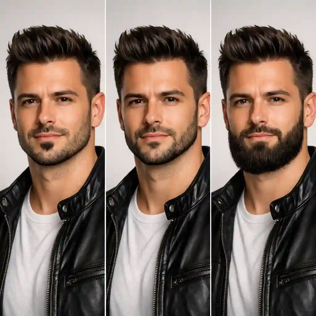 A comprehensive visual guide showing a man with a perfectly groomed beard without mustache, illustrating how this bold facial hair choice can redefine a person's entire look while highlighting strong facial features and maintaining a clean-shaven upper lip.