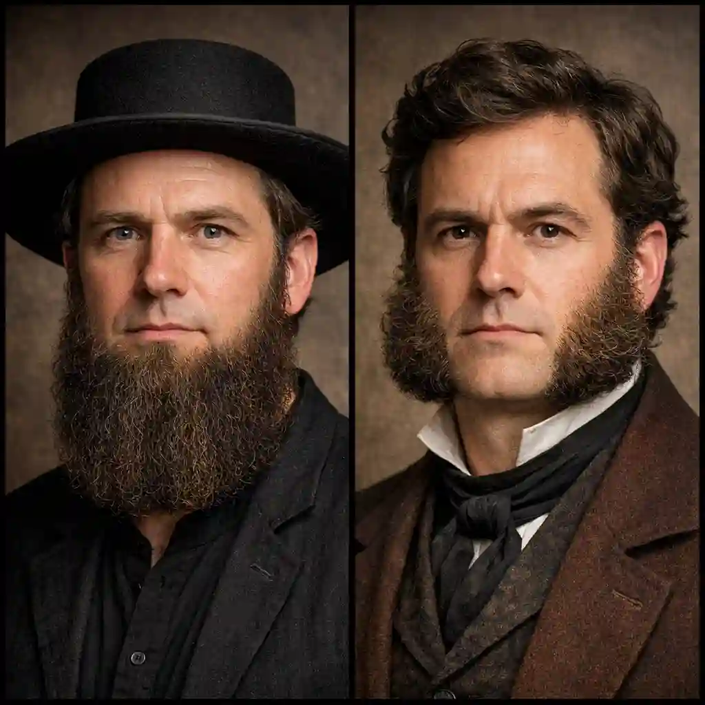 A bold presentation of the Amish beard and mutton chops, two distinct and historically significant variations of the beard without mustache that make a unique statement and reflect specific cultural or vintage fashion sensibilities for men.
